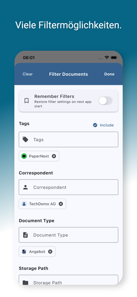 PaperNext Dokumente filtern nach Tags, Absender und Dokumenttyp