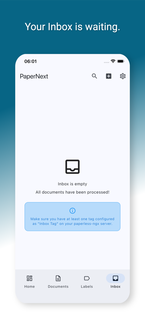 PaperNext empty inbox screen